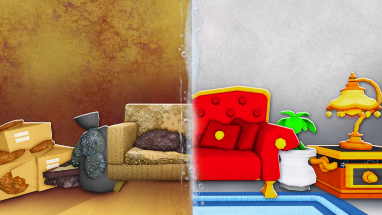 Official still: trash bags and dirty sofa versus furnished red sofa, lamp, and plant